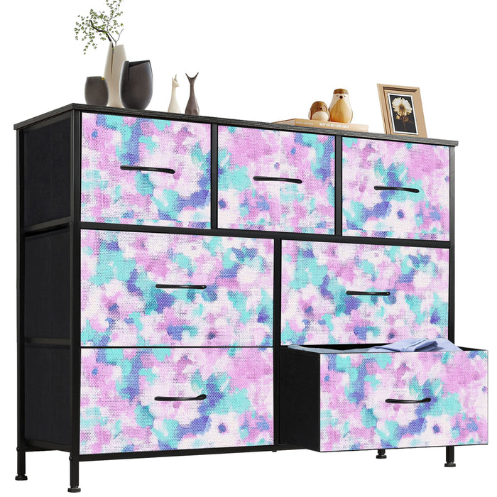 Sybels Dresser with 9 Drawers, Retro Floral Pattern Fabric Bins with Wooden Top for Bedroom, Closet, Nursery Entryway Hall, White