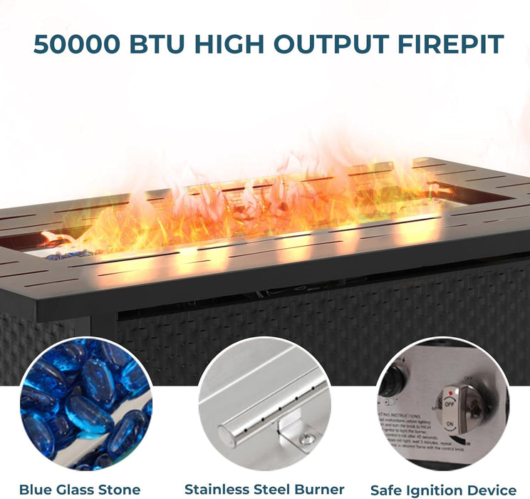 Bigleap Propane Fire Pit 45 Inch Rectangle Outdoor Gas Fire Pits, 50,000 BTU Fire Table with Steel Tabletop, Glass Wind Guard, Blue Glass Stone and Waterproof Cover for Outside Patio, Garden, Deck, Yard