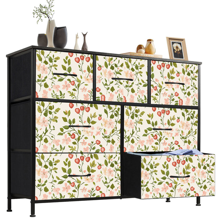Sybels Dresser with 9 Drawers, Retro Floral Pattern Fabric Bins with Wooden Top for Bedroom, Closet, Nursery Entryway Hall, White