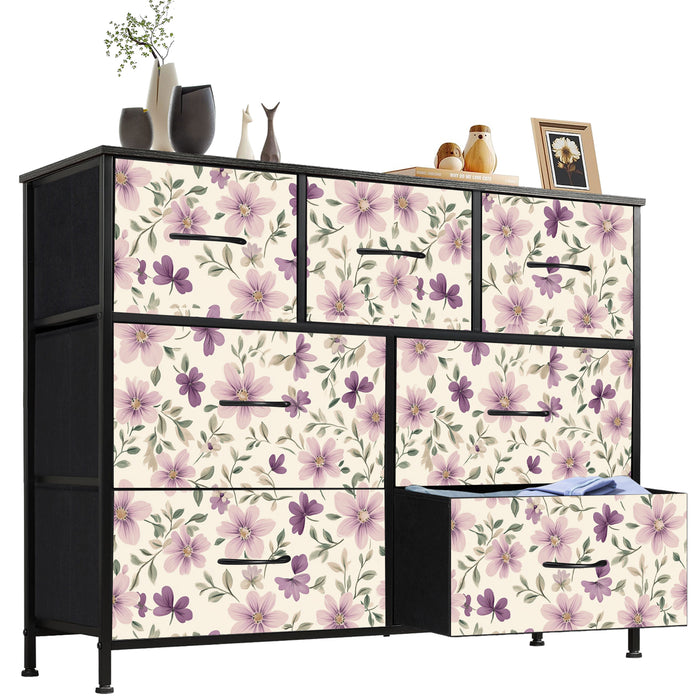 Sybels Dresser with 9 Drawers, Retro Floral Pattern Fabric Bins with Wooden Top for Bedroom, Closet, Nursery Entryway Hall, White