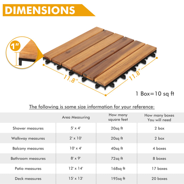 Beddle 10 Pack Deck Tiles Interlocking Solid Wood Outdoor Flooring Waterproof 12"X12" for Patio Porch Garden Balcony Poolside-6 Slats