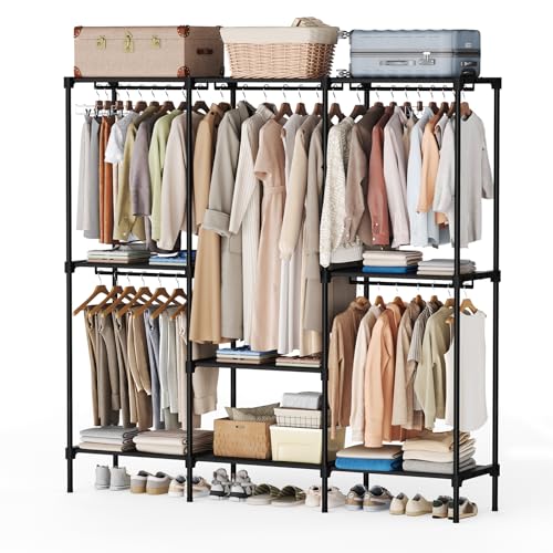 Freestanding Modular Garment Closet, Heavy‑Duty Open Wardrobe with Double Hanging Rods & Interior Storage Shelves, 74.5" Width