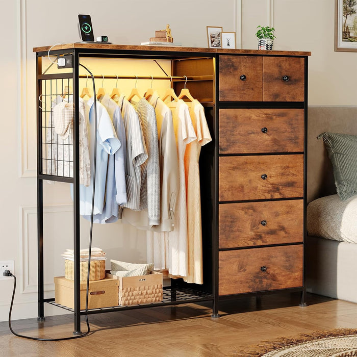Blorly 6-Drawer Dresser with Clothes Rack & Charging Station, Industrial Garment Rack with Hanging Rod & Side Hooks, Free Standing Closet Organizer Storage Shelves for Bedroom, Cloakroom, Brown