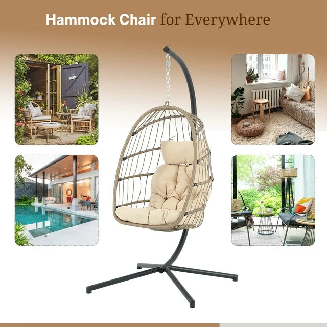 Foldable Hanging Wicker Egg Swing Chair and Weather Cover, Outdoor Patio Hanging Chairs with Stand, Wicker Rattan Basket with Cushion for Bedroom, Patio, Porch,Beige