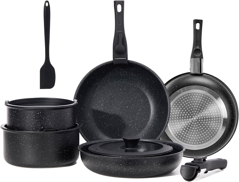 Nextay 12-Piece Nonstick Cookware Set with Detachable Handle ¨C Space-Saving Induction Compatible Pots and Pans, Oven & Dishwasher Safe, Black