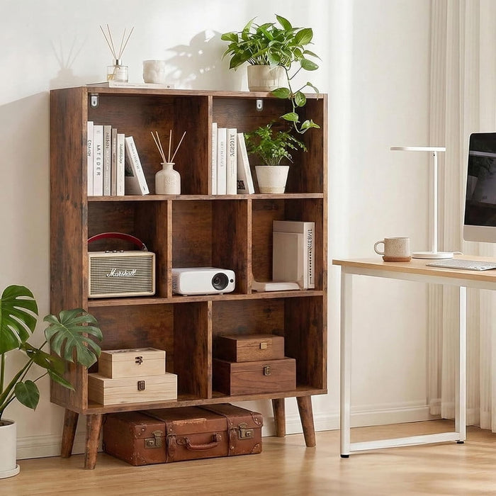 Bigleap 7-Cube Storage Bookshelf, 3-Tier Modern Wood Bookcase with Legs, Open Display Shelf for Living Room, Bedroom, Office, Brown