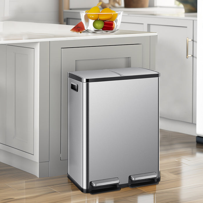 Simenmax 60L Dual Compartment Trash Can, Stainless Steel Sealed Kitchen Garbage Bin with Soft-Close Pedal