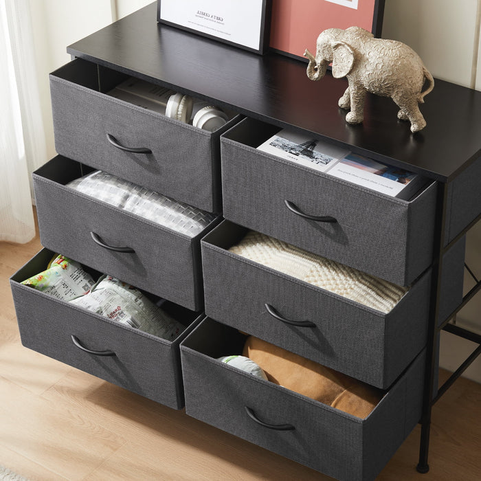 Ethovia 6-Drawer Fabric Storage Dresser, Sturdy Steel Frame with Wooden Tabletop, Wide Foldable Bins, Perfect for Bedroom, Hallway, and Entryway, Gray