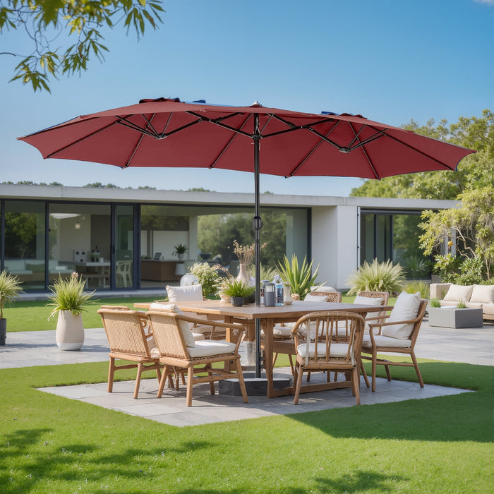 Betcozy Patio Umbrella with Base, 15ft Large Double-Sided Rectangle Umbrella, Outside Market Umbrellas for Deck, Poolside, Backyard, Red