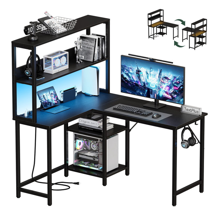 Taoset Reversible L-Shaped Gaming Desk with Power Outlet & RGB LED Hutch, 43" Black Convertible Corner Computer Desk with CPU Shelf, Headset Hooks & Multi-Tier Storage for Small Bedroom Dorm