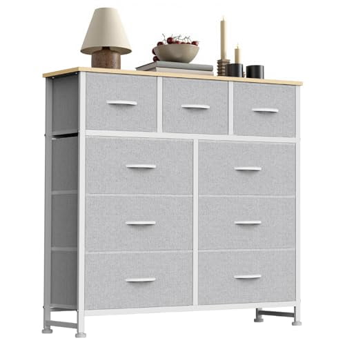 Betcozy Dresser, Storage Organizer with 9 Drawers for Bedroom, Chest of Drawers with Fabric Bins, Sturdy Metal Frame, Wood Tabletop for Guest Room, Closet, Entryway, Nursery, Light Gray
