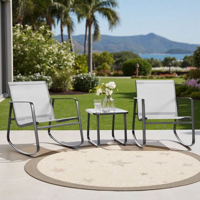 Simenmax 3-Piece Outdoor Rocking Set, Outdoor Furniture Set with Textilene Chairs & Glass-Top Table, Conversation Set of 3 for Porch, Lawn, Garden, Yard, Balcony, Poolside, Gray