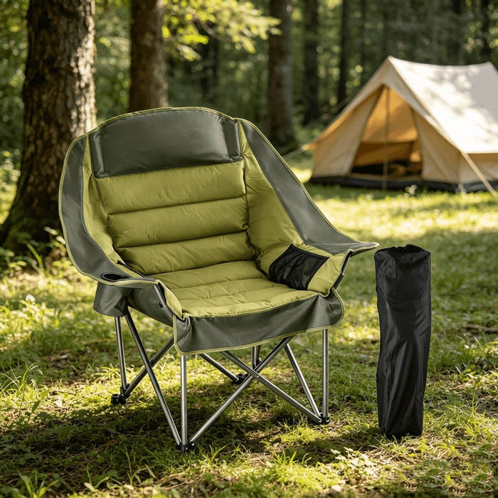 Taoset Oversized Padded Camping Chair, Heavy Duty Folding Camping Chair for Adults, Fully Cushioned Saucer Lounge Chair with Cup Holder and Carry Bag, Supports 500 lbs, Green