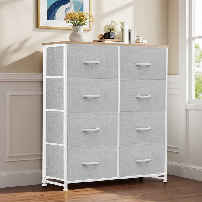 Ethovia 8-Drawer Fabric Storage Dresser, Sturdy Steel Frame with Wooden Tabletop, Wide Foldable Bins, Perfect for Bedroom, Hallway, and Entryway, Light Gray