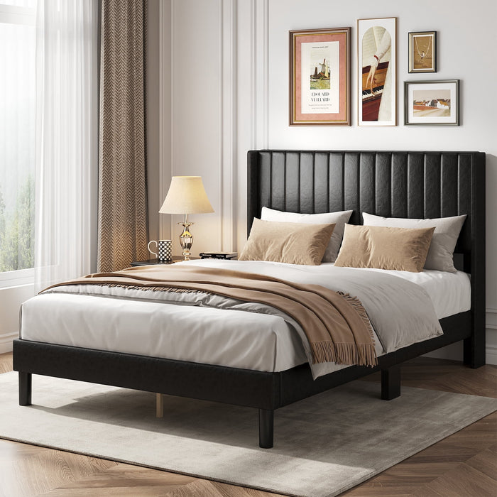 Taoset Upholstered Bed Frame with Wingback Headboard, Heavy Duty Vertical Channel Platform Bedframe, Faux Leather Mattress Foundation, No Box Spring Needed, Full