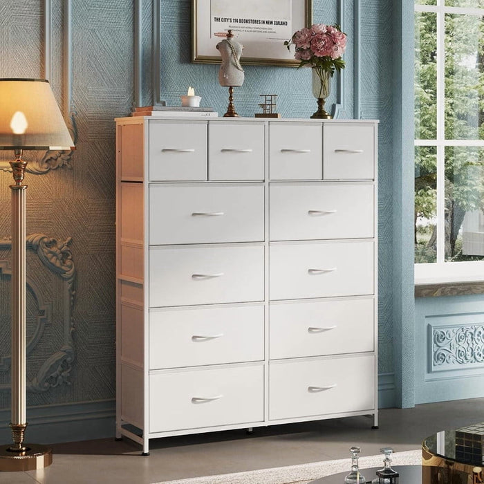 Bigleap 12-Drawer Tall Dresser, Fabric Storage Tower with Steel Frame & Wood Top – Space-Saving Chest for Bedroom, Closet, Entryway,White