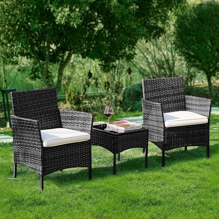 Taoset Patio Furniture Set, 3 Pieces All-Weather Rattan Outdoor Furniture Patio Chairs with Tempered Glass Table for Porch Bistro Balcony, Black