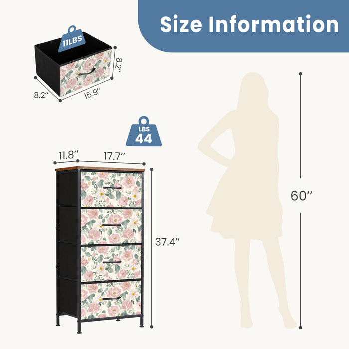 Sybels Dresser with 9 Drawers, Retro Floral Pattern Fabric Bins with Wooden Top for Bedroom, Closet, Nursery Entryway Hall, White
