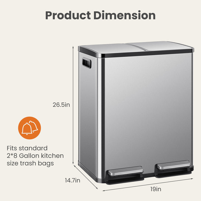 Simenmax 60L Dual Compartment Trash Can with Lid, Stainless Steel Sealed Garbage Bin, Soft-Close Pedal Operation for Kitchen, Office, Home
