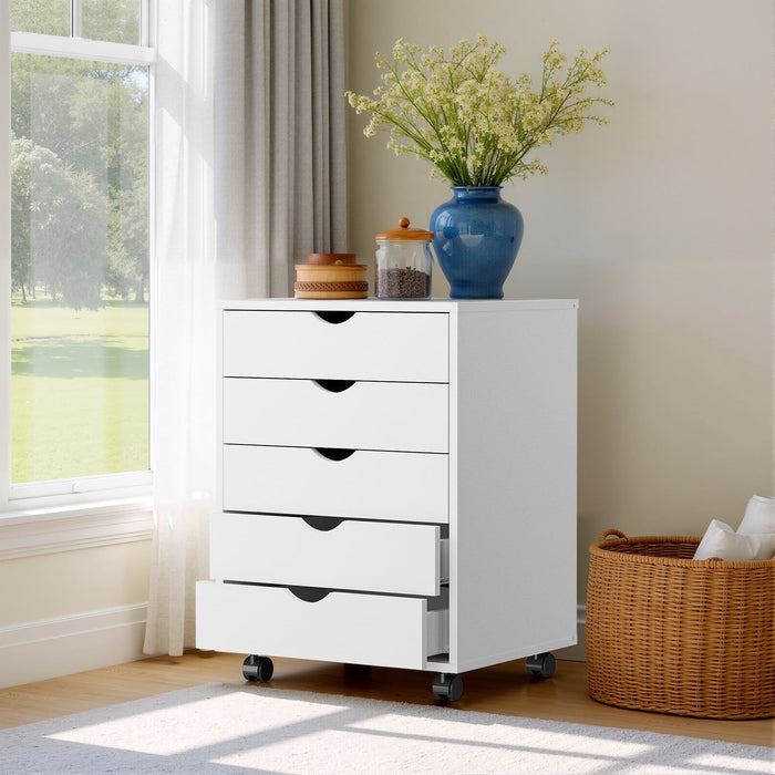 Ethovia 5-Drawer Rolling Storage Cabinet – Wooden Mobile Dresser with Locking Wheels, Compact Organizer for Home & Office, White