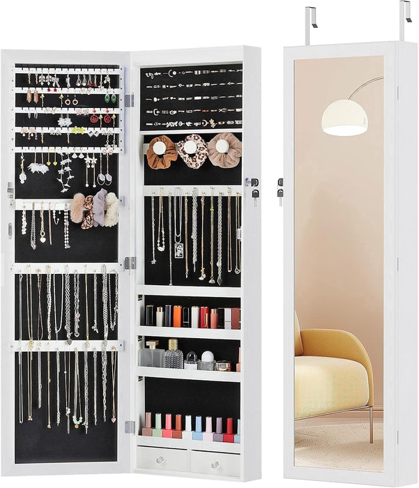 Blorly 6 LEDs Full Length Mirror with Storage, 47.2'' Jewelry Armoire with Mirror, Lockable Jewelry Storage for Wall or Door Mounted