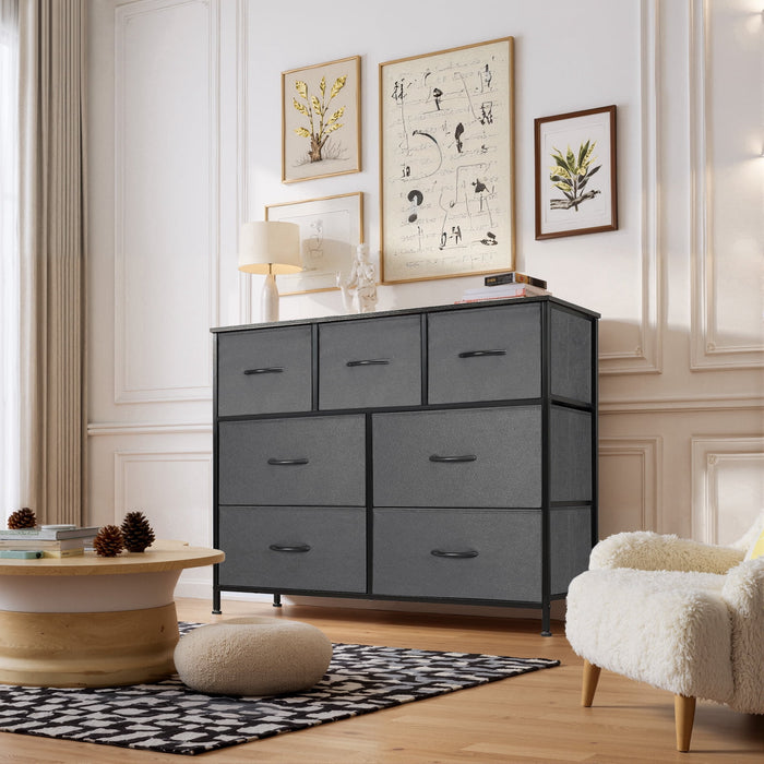 Betcozy 7-Drawer Fabric Dresser, Horizontal TV Stand & Main Bedroom Clothes Storage Unit, Metal Frame with Wooden Top, Gray