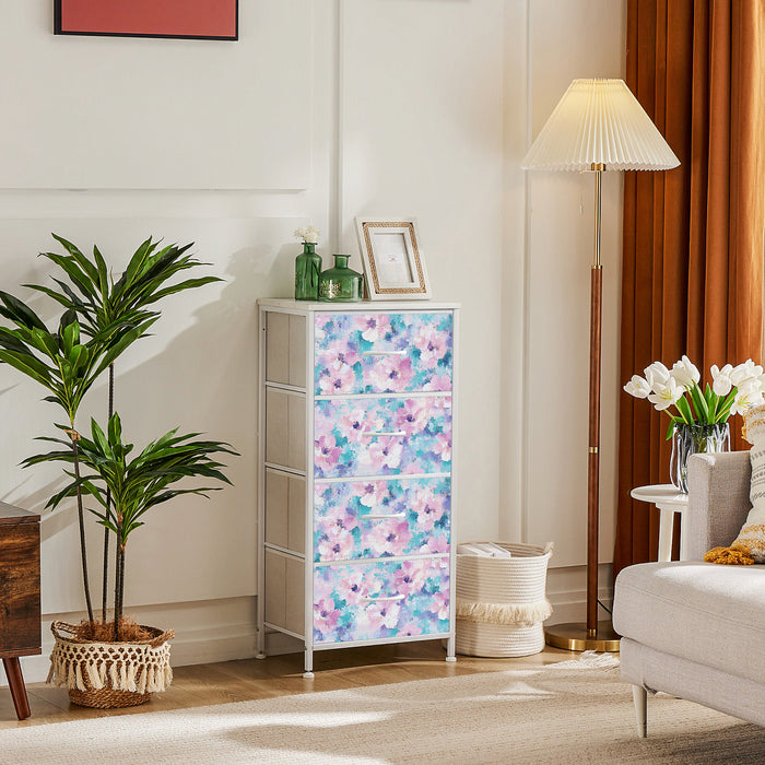 Sybels Dresser with 9 Drawers, Retro Floral Pattern Fabric Bins with Wooden Top for Bedroom, Closet, Nursery Entryway Hall, White