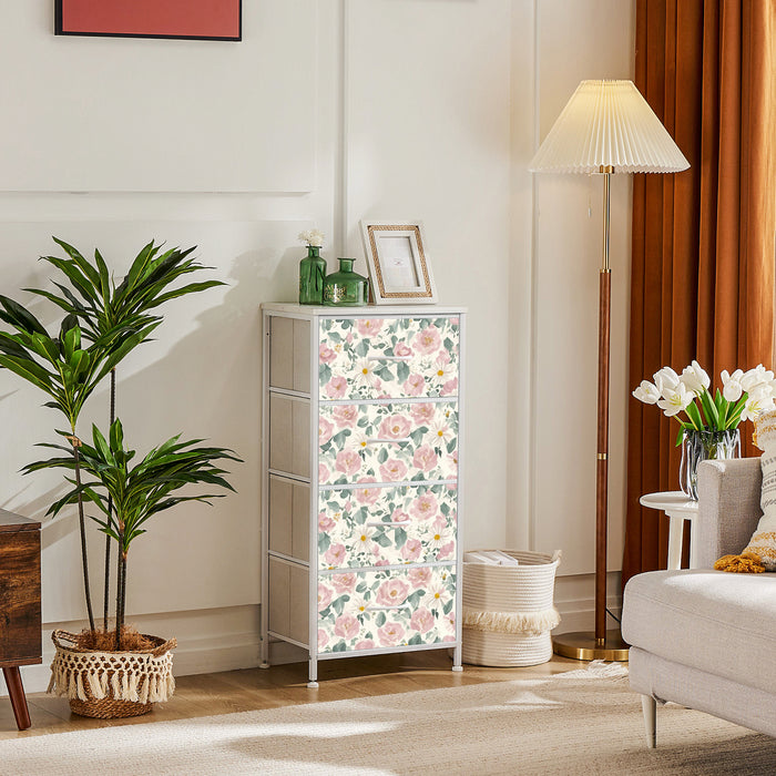 Sybels Dresser with 9 Drawers, Retro Floral Pattern Fabric Bins with Wooden Top for Bedroom, Closet, Nursery Entryway Hall, White