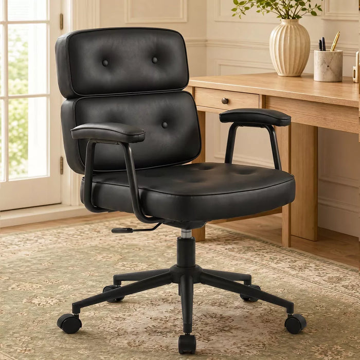 Betcozy Mid-Century Modern Desk Chair, Comfortable Tufted Leather Computer Chair with Padded Arms, Cozy Swivel Lounge Task Chair for Writing, Studying, Reading & Creative Studio,Black