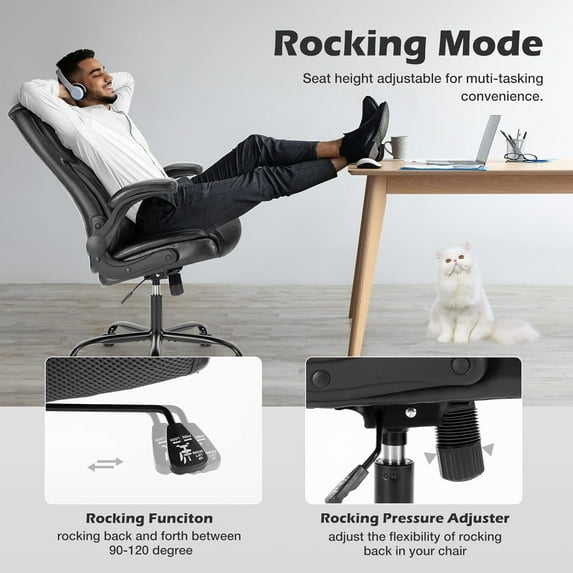 Ergonomic Office Chair, High Back Executive Desk Chair with Lumbar Support, Adjustable PU Leather Computer Chair with Flip-up Arms, Swivel Rolling Wheels Chair for Home and Office Use
