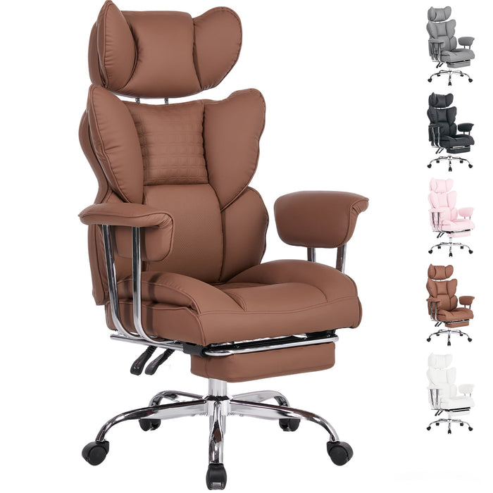 Big and Tall Office Chair, 350lbs Heavy Duty Ergonomic Reclining Desk Chair with Footrest, Fixed Padded Arms, High Back Leather Executive Computer Chair for Home Office, Brown