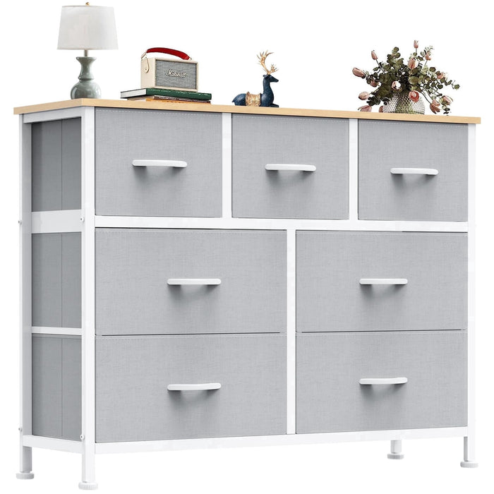 Ethovia 7-Drawer Fabric Storage Dresser, Sturdy Steel Frame with Wooden Tabletop, Wide Foldable Bins, Perfect for Bedroom, Hallway, and Entryway, Light Gray