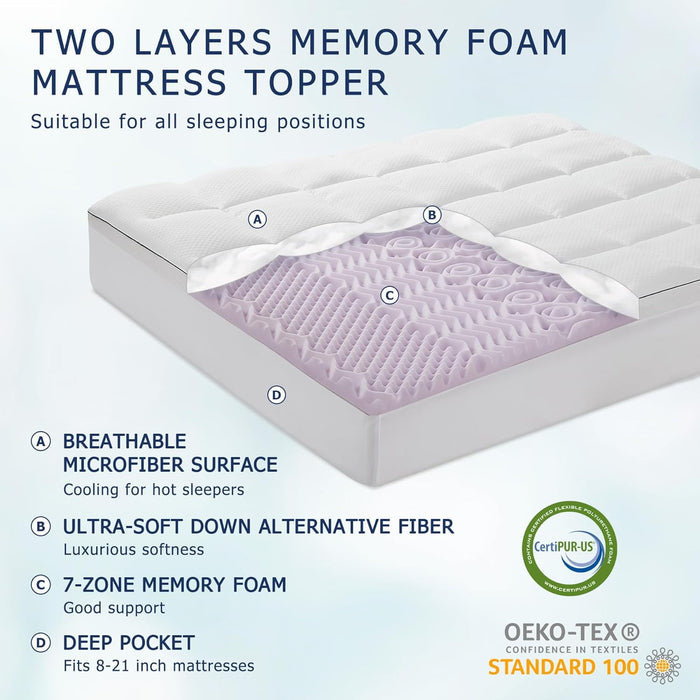King Size Dual Layer 4 Inch Memory Foam Mattress Topper, 2 Inch Gel Memory Foam and 2 Inch Cooling Pillow Top Mattress Pad Cover for Back Pain, Medium Support