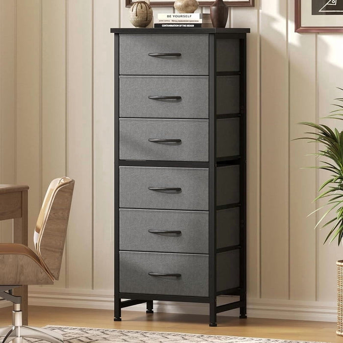 Nextay 6-Drawer Slim Dresser, Fabric Storage Tower for Bedroom & Entryway, Sturdy Steel Frame & Wood Top for Small Spaces,Gray