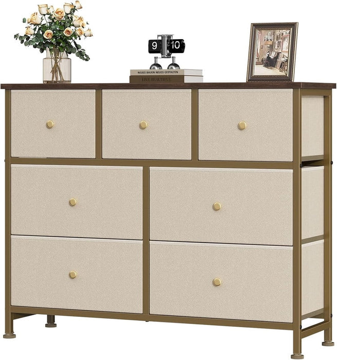 Simenmax 7 Drawer Dresser for Bedroom, Fabric Storage Dresser for Bedroom, Wood and Metal Dresser TV Stand for Living Room, Entryway Khaki