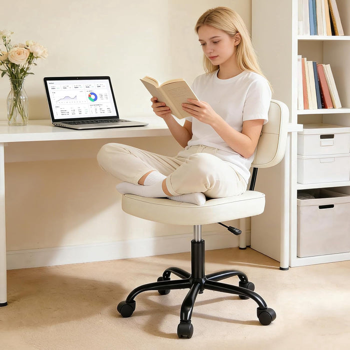 Betcozy Armless Rolling Office Chair, Compact Tufted Vanity Chair with Height Adjustment, Modern PU Leather Task Chair for Small Office, Beige