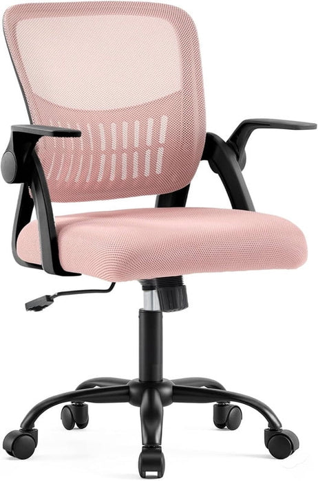 Simenmax Ergonomic Office Chair, Home Desk Computer Mesh Chair with Flip-Up Arms, Breathable Mid Back Chair for Small Spaces, Pink