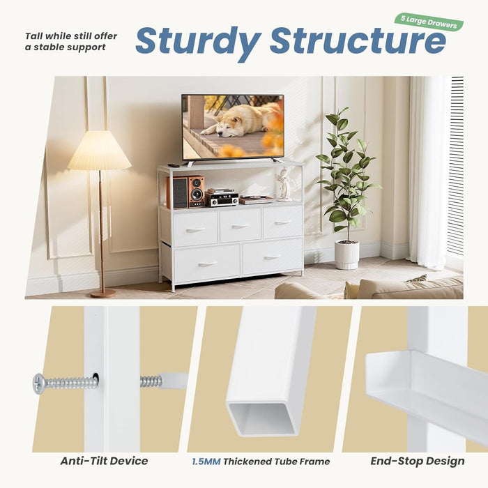 Betcozy 5-Drawer C Storage Dresser, Household Cabinet for Entry Way, Living room, Stable Metal Frame, Wooden Top, White