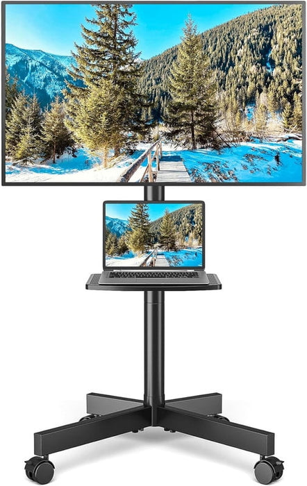 Nextay Rolling TV Stand for 23-60 Inch Screens, Mobile TV Cart with Wheels, Portable Floor Stand with Tilt Adjustment and Media Shelf, Black