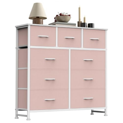 Betcozy Dresser, Storage Organizer with 9 Drawers for Bedroom, Chest of Drawers with Fabric Bins, Sturdy Metal Frame, Wood Tabletop for Guest Room, Closet, Entryway, Nursery, Pink