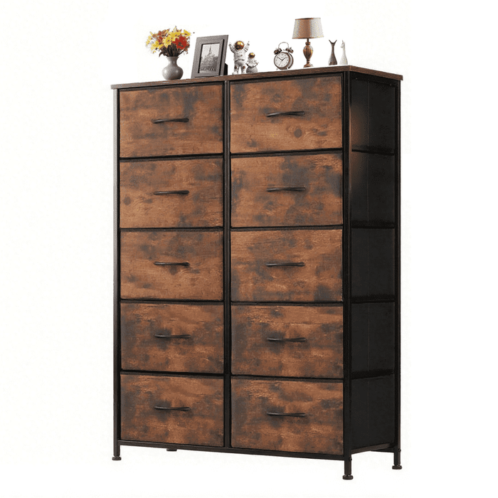 Taoset 10-Drawer Fabric Dresser with Wood Top - Compact Storage Cabinet for Bedroom and Living Room, Brown
