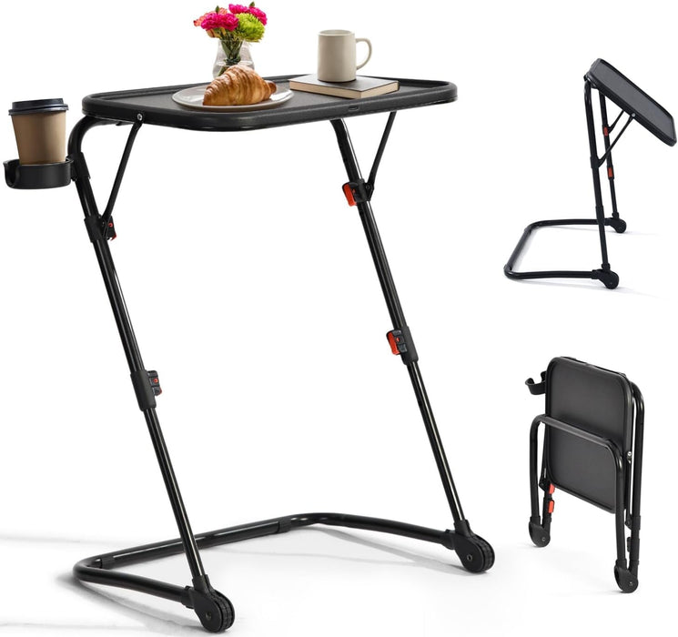 Blorly Z Shaped Adjustable Folding TV Tray Table, Mobile Side with Cup Holders and Wheel, Design for Home-28.15''H Black