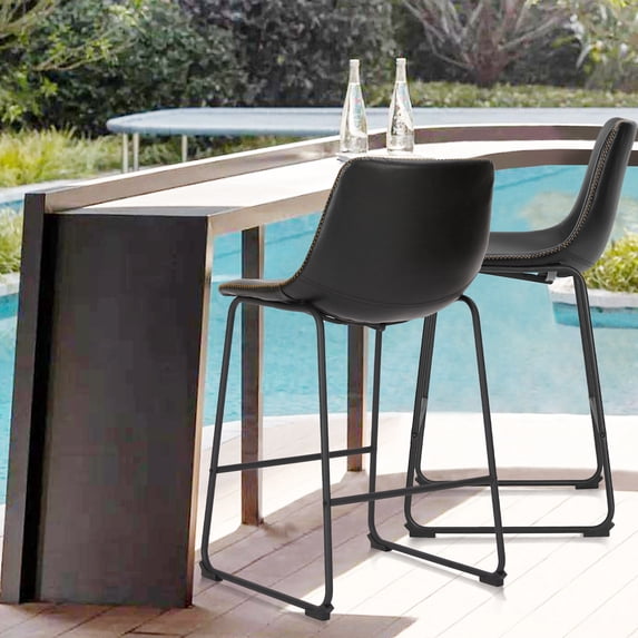 Set of 2 Counter Height Bar Stools, 26 inch Height Modern PU Leather Bar Chairs with Backrest and Metal Legs for Kitchen Island