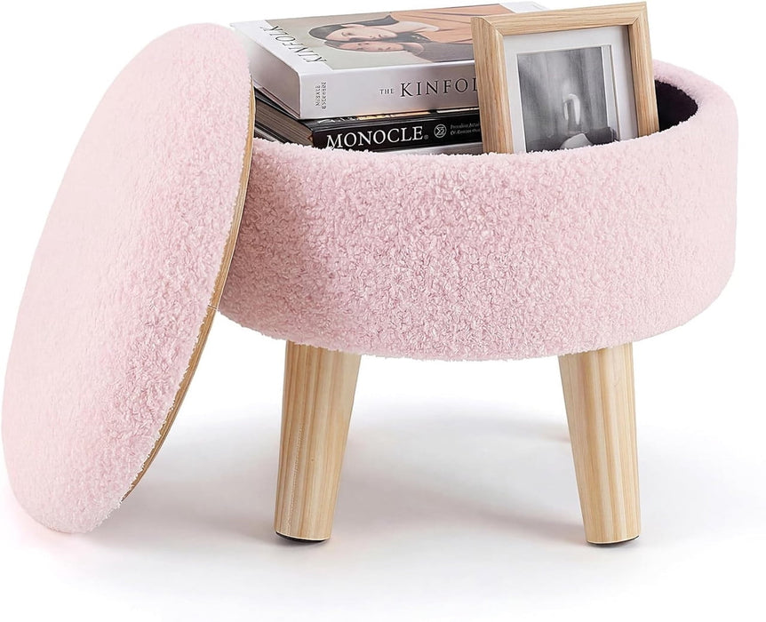 Simenmax Round Storage Ottoman, 13" Compact Boucle Foot Rest Stool with Hidden Storage & Padded Seat for Living Room, Bedroom, Pink