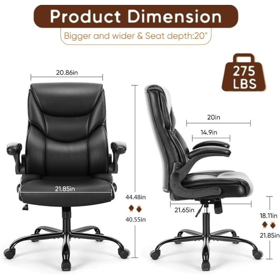 Ergonomic Office Chair, High Back Executive Desk Chair with Lumbar Support, Adjustable PU Leather Computer Chair with Flip-up Arms, Swivel Rolling Wheels Chair for Home and Office Use