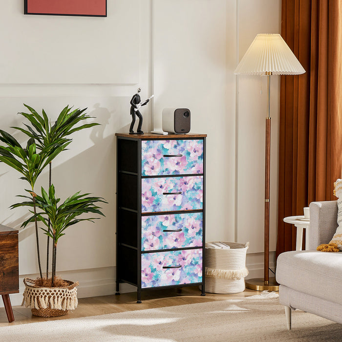 Sybels Dresser with 9 Drawers, Retro Floral Pattern Fabric Bins with Wooden Top for Bedroom, Closet, Nursery Entryway Hall, White