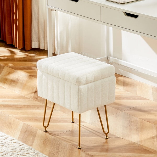 Blorly Vanity Stool Chair with Storage, Faux Fur Ottoman for Makeup Footstools with Metal Legs, Classic White