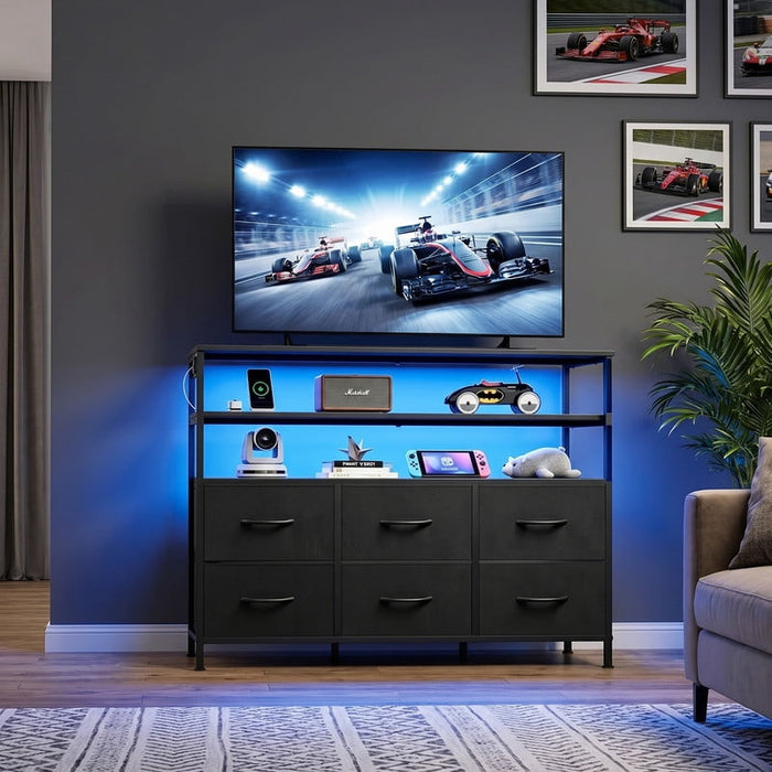 Betcozy 40" TV Stand with Double-Tier Open Shelves, LED Entertainment Center for 45 inch TV, 6 Drawer Media Console with Charging Station, 1.5mm Heavy-Duty Frame Gaming Station, Black