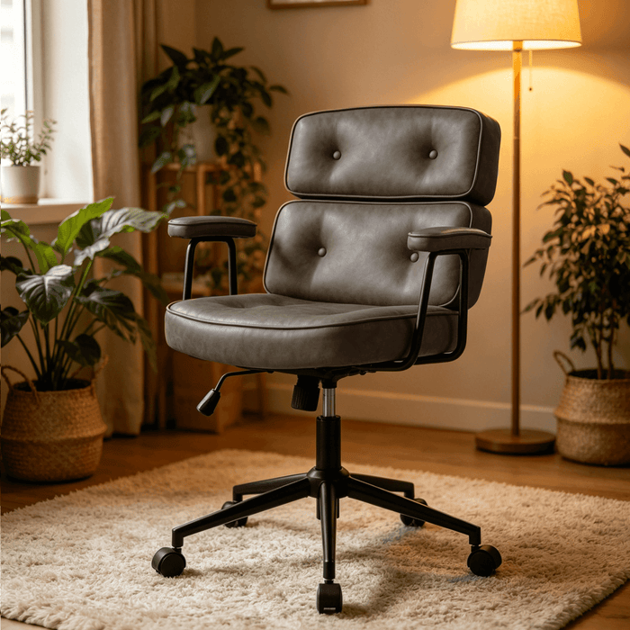 Betcozy Mid-Century Modern Desk Chair, Comfortable Tufted Leather Computer Chair with Padded Arms, Cozy Swivel Lounge Task Chair for Writing, Studying, Reading & Creative Studio,Brown