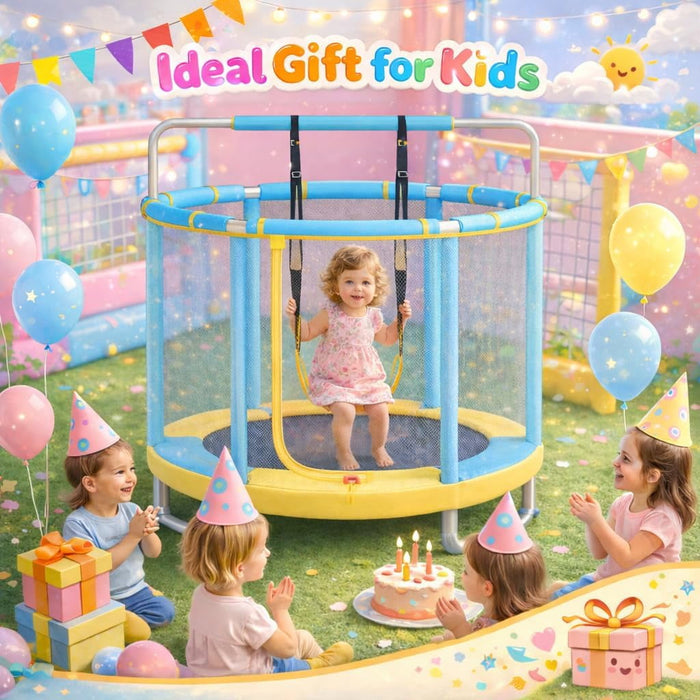 Betcozy 55" Kids Trampoline with Enclosure Net, 440LBS Heavy Duty Toddler Trampoline, 4-in-1 Indoor Outdoor Play Center with Gymnastic Bar & Swing, Stable U-Shaped Legs, Blue